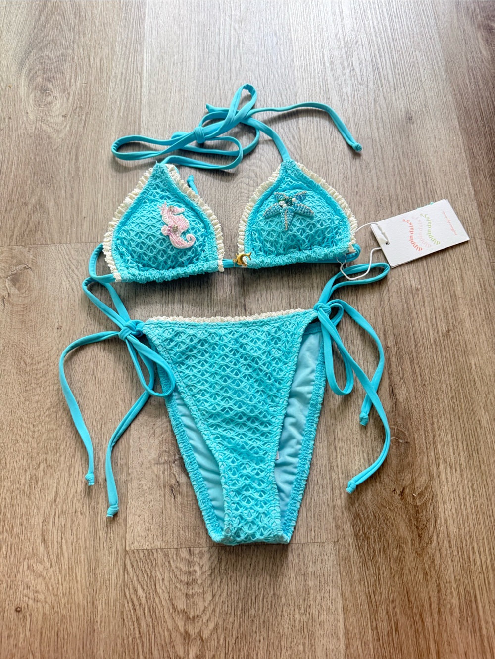 dippin daisys blue fishnet mermaid starfish palm top + bondi bottoms bikini set